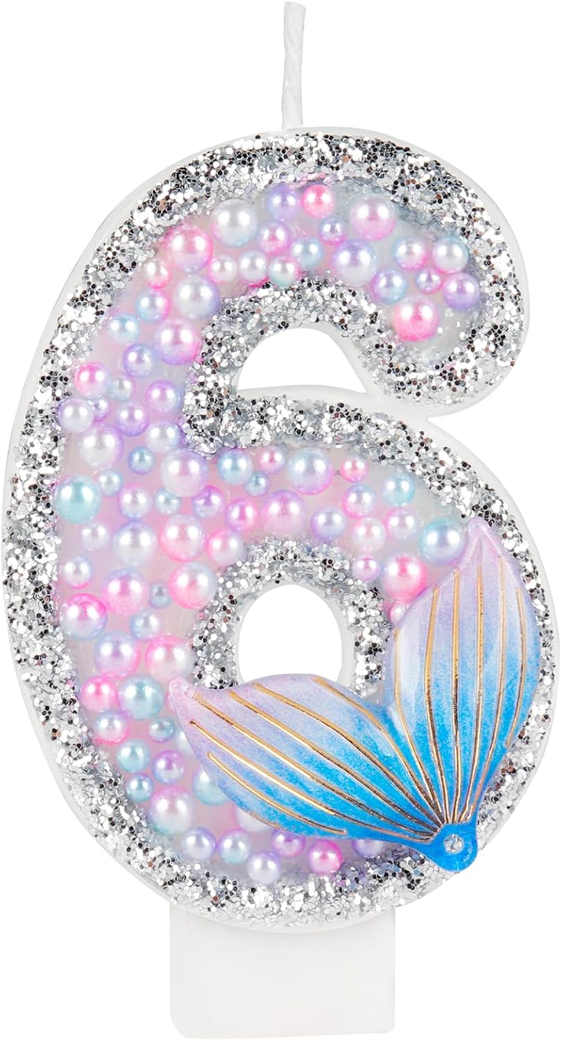 Girls' Glitter Mermaid Tail Candles & Cake Toppers - Happy 6th Birthday Morning