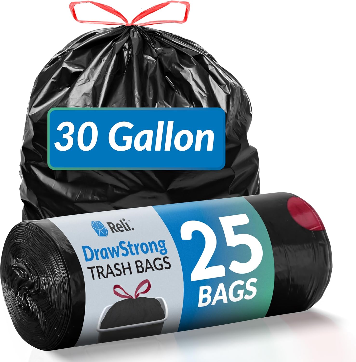 Reli. 30 Gallon Trash Bags Drawstring (25 Count) | Black Garbage Bags 30 Gallon Heavy Duty | Large for Home & Outdoor Use | Drawstring