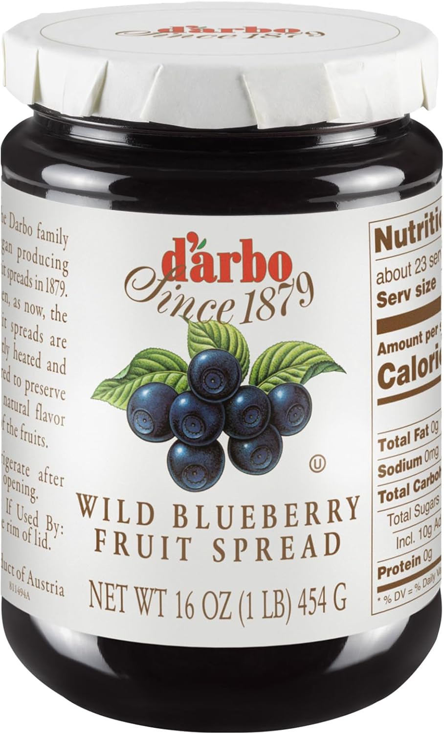D’arbo All-Natural Wild Blueberry Fruit Spread, 16 oz | Crafted Tradition | Pure Fruit Flavor | No Artificial Preservatives—Ensuring a Naturally Sweet and Flavorful Spread.
