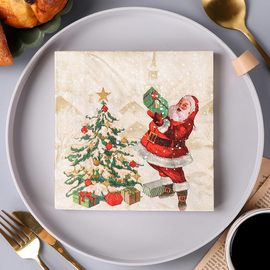 13x13" Christmas Napkins - 20-Pack Double Ply Tissue with Santa & Gift Motifs | 6.5in Folded Party Decor Unscented Dinner Paper