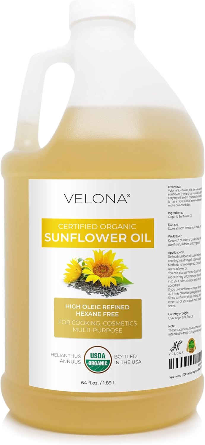 velona USDA Certified Organic Sunflower Oil - 64 Fl Oz | 100% Pure and Natural Carrier Oil | High Oleic, Refined| Cooking, Skin, Hair, Body & Face Moisturizing