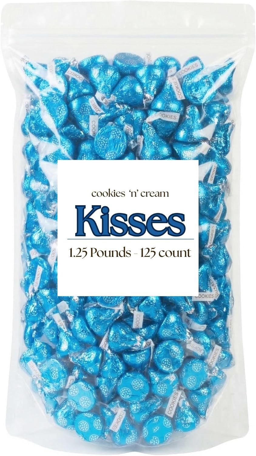 Cookies and Cream Chocolate Kisses in Blue Foil - 1.25 lb Resealable Pouch (Approx 125pcs) - Individually Wrapped White Creme Candy for Baby Showers, Weddings, and Party Favors