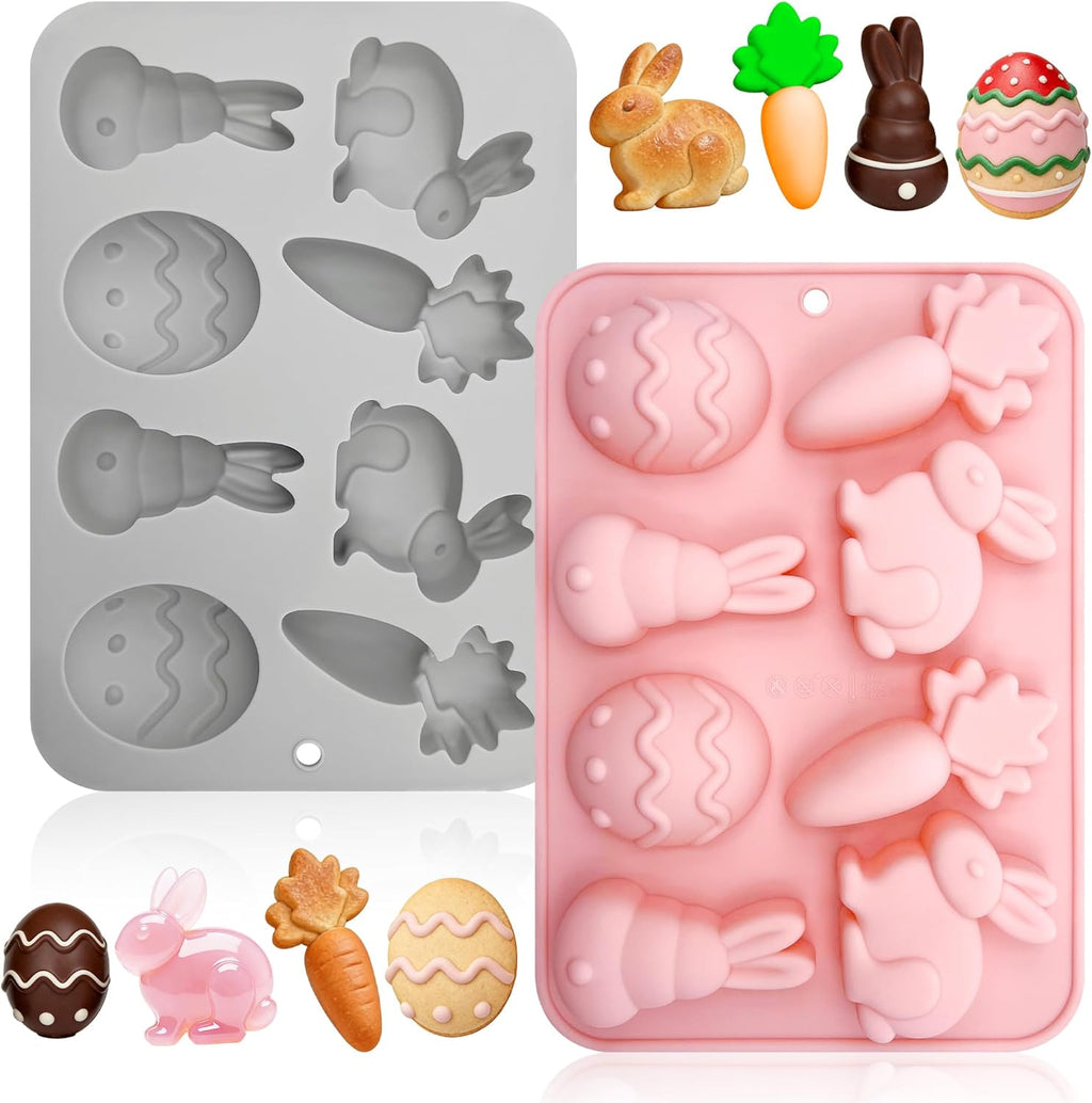 2 Pcs Easter Egg Silicone Mold Rabbit Candy Mold Bunny Chocolate Molds Silicone Carrot Cake Molds Tray Easter Baking Pan for Soap Ice Cube Candy Dessert Fondant DIY