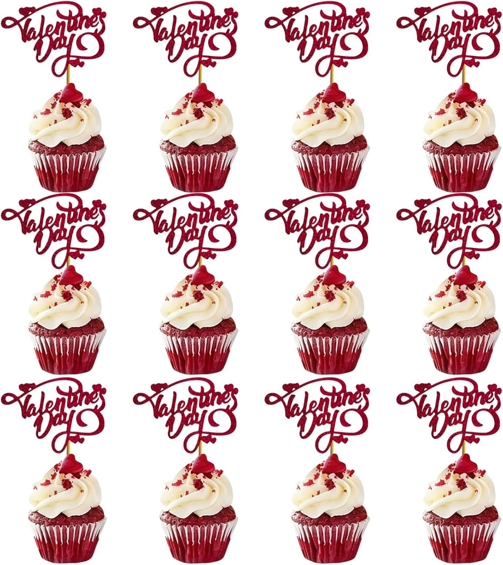 Valentine's Day Cupcake Toppers, 24-Pack Gold Glitter Party Decorations for Baking, Happy Valentine's Day Cupcake Wrappers with Picks for Party Supplies, Anniversary, Wedding, Romantic Holiday Decor