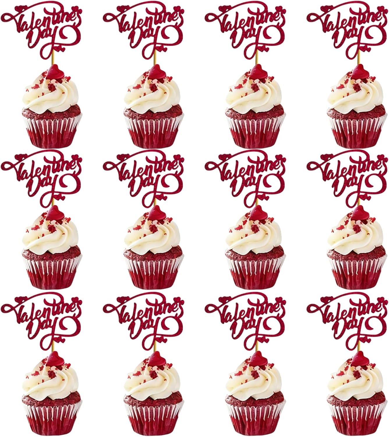 Valentine's Day Cupcake Toppers, 24-Pack Gold Glitter Party Decorations for Baking, Happy Valentine's Day Cupcake Wrappers with Picks for Party Supplies, Anniversary, Wedding, Romantic Holiday Decor