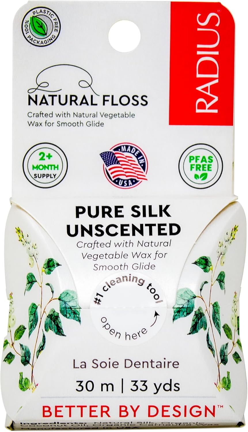 Radius Natural Unscented Silk Dental Floss 33 Yards Vegan & Non-Toxic Oral Care Boost & Designed to Help Fight Plaque Clear - Pack of 1