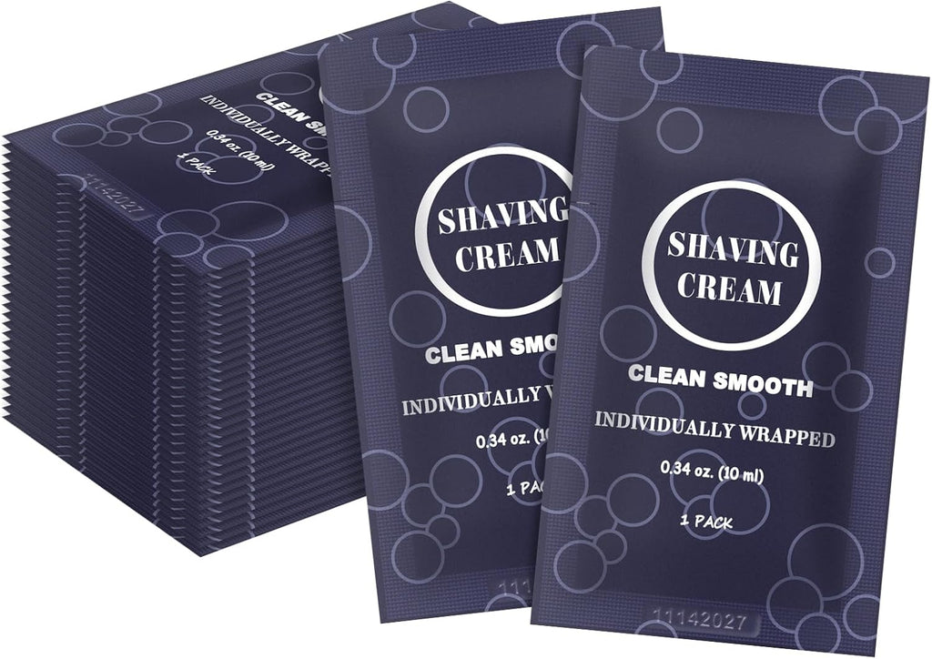 Travel Shaving Cream for Men, Individually Wrapped Mini Shaving Cream in Bulk, Disposable Travel Size Toiletries Amenities Vacation for Hotel, Shelter/Homeless/Nursing Home/Charity 0.34 oz (30 Pack)