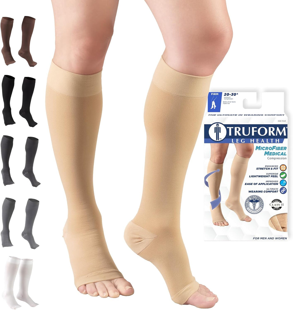 Truform 20-30 mmHg Compression Stockings for Men and Women, Knee High Length, Open Toe, Beige, X-Large