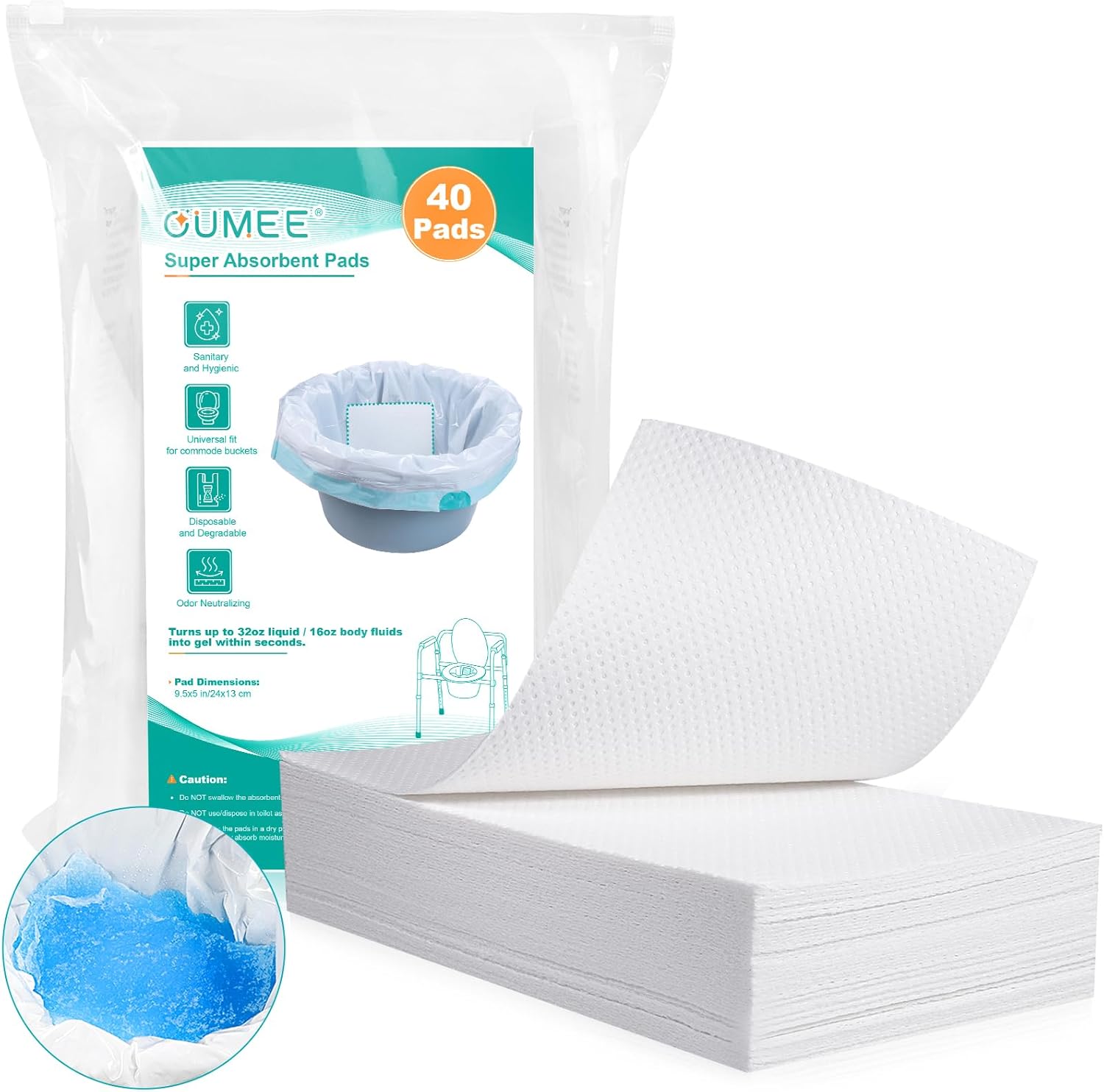 Oumee 40 Count Absorbent Commode Pads for Bedside Commode Bucket, Commode Liners Pads with Absorbent Gel, Potty Liner Pads for Adults Portable Toilet Bags Bedpans