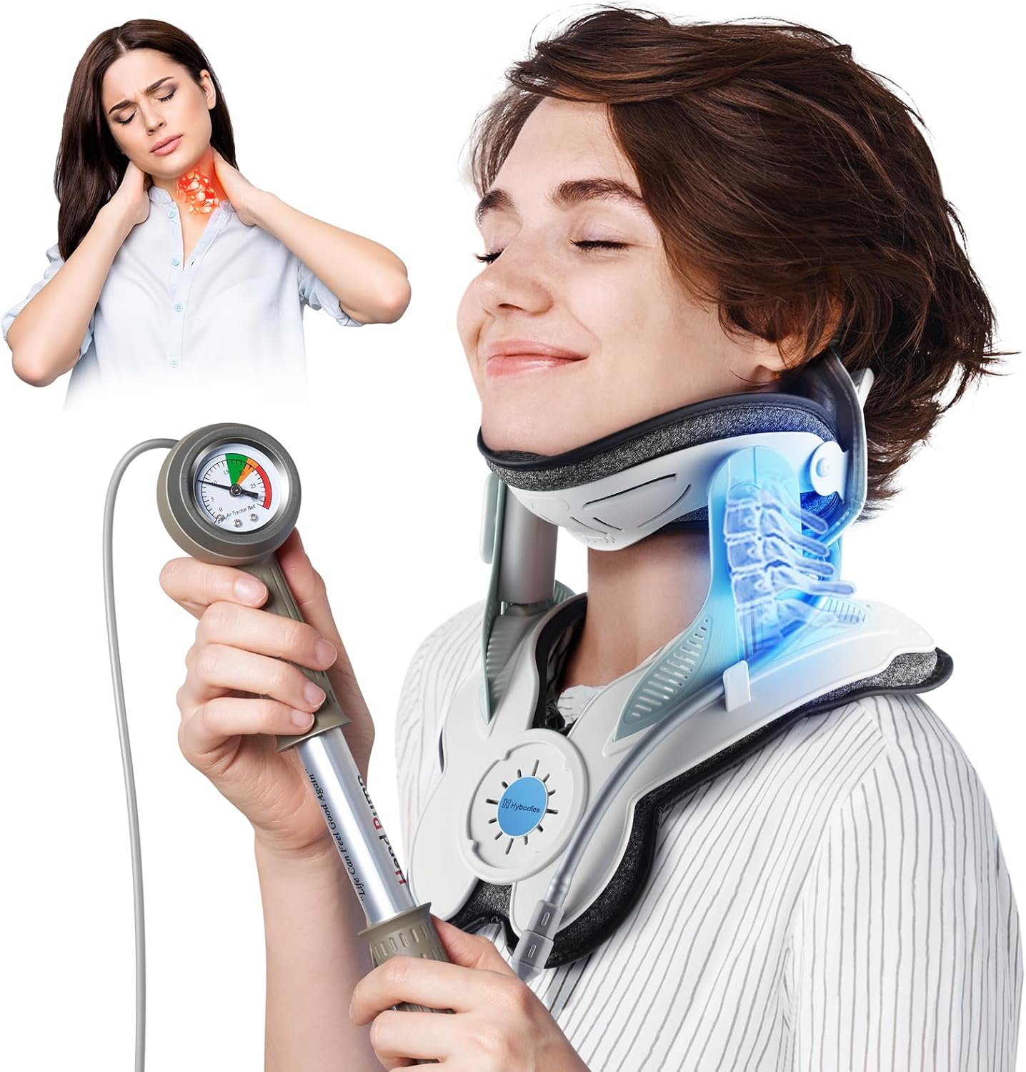 Cervical Traction Device with Air Collar: Inflatable Neck Stretcher for Pain Relief, Posture Correction, Spine Alignment, Reduce Disc Pressure - Targeted Traction for Daily Use