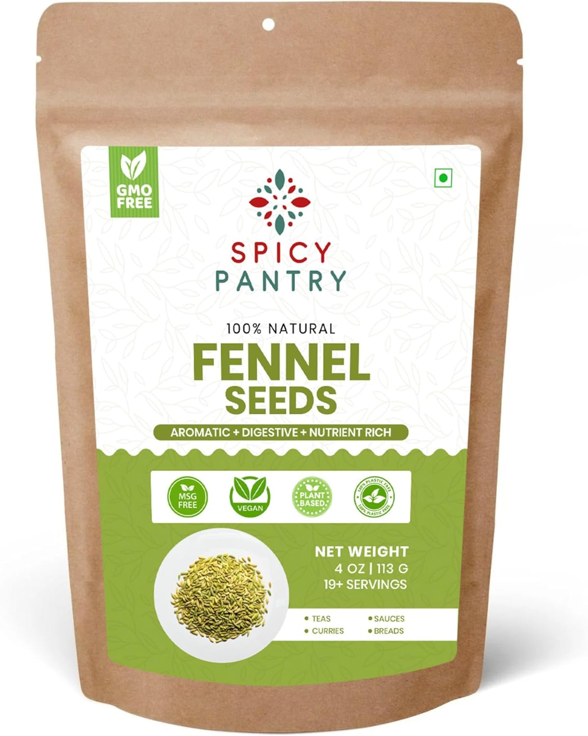 Spicy Pantry Fennel Seeds Whole - Foeniculum vulgare - 100% Natural - Resealable Bag - Great for Tea, Cooking, and Baking - 4 oz
