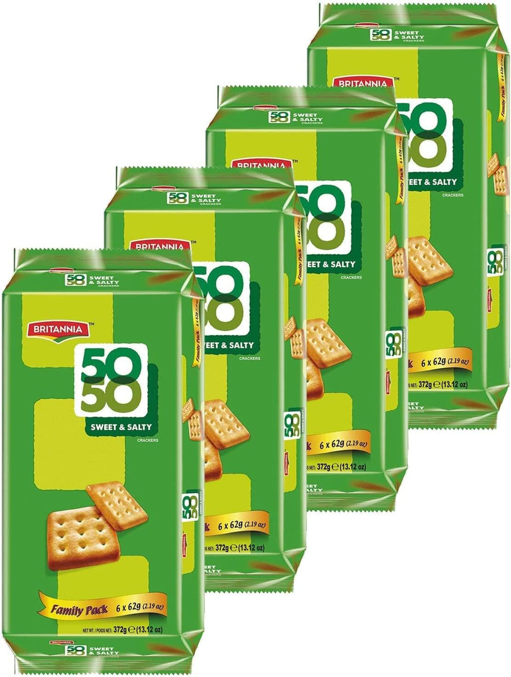 Britannia Crackers 50 50 Sweet and Salty Biscuit 13.12oz (372g) - Delicious, Light & Crispy Grocery Cookies - Best Treat for Friends & Family (Pack of 4)