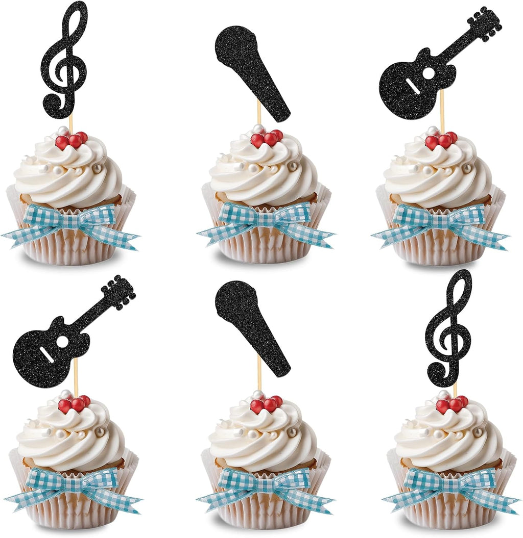 24Pcs Music Notes Cupcake Toppers Black Glitter Musical Symbol Cupcake Picks Rock Music Concert Baby Shower Wedding Birthday Party Decorations Supplies