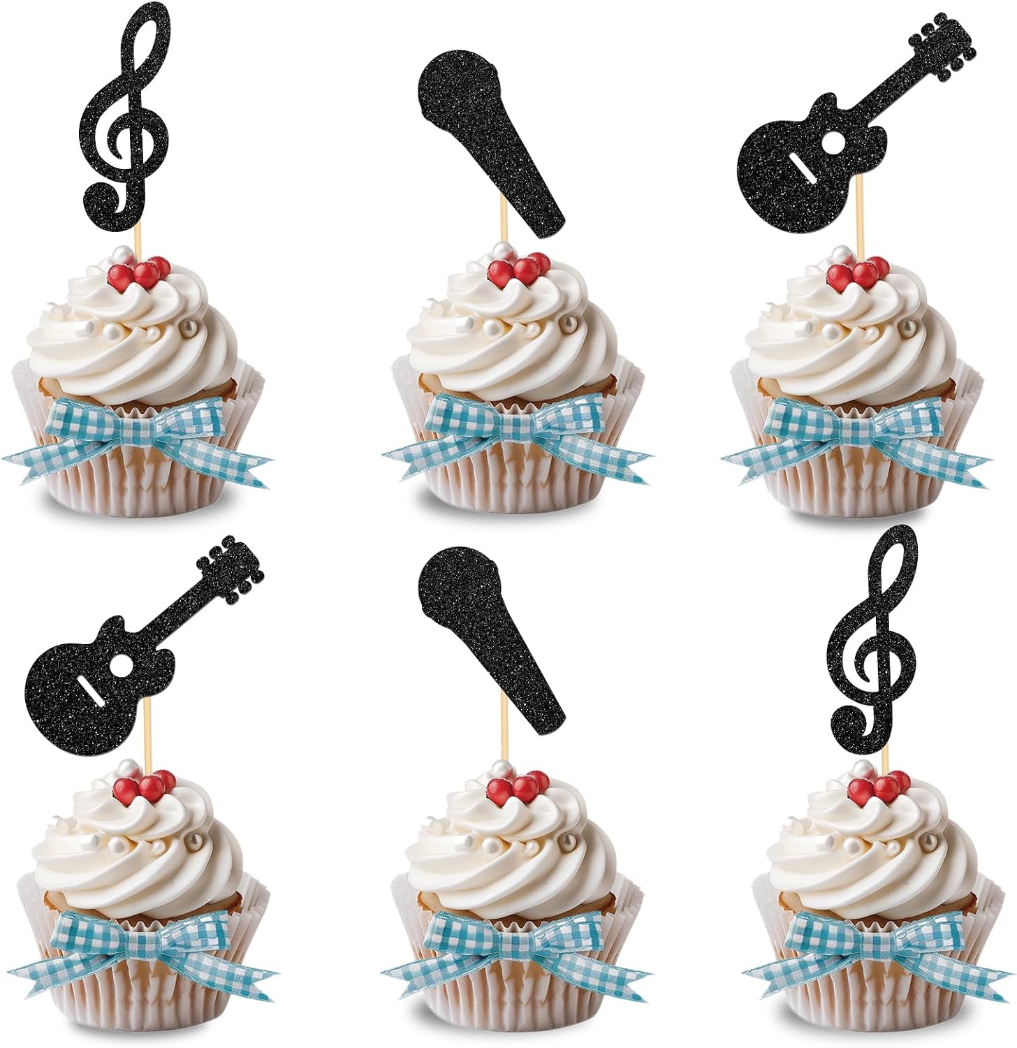 24Pcs Music Notes Cupcake Toppers Black Glitter Musical Symbol Cupcake Picks Rock Music Concert Baby Shower Wedding Birthday Party Decorations Supplies