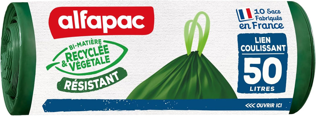 alfapac -10 bin bags 50L with strong sliding link - made in France - bi-material recycled & vegetal