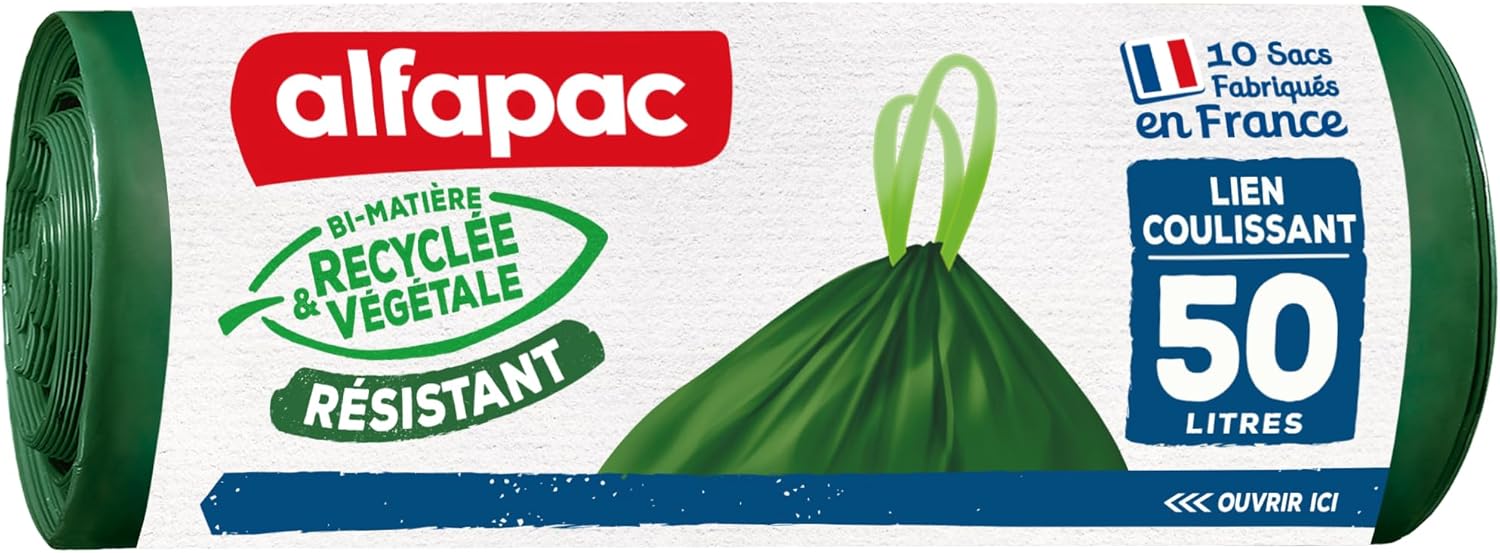 alfapac -10 bin bags 50L with strong sliding link - made in France - bi-material recycled & vegetal
