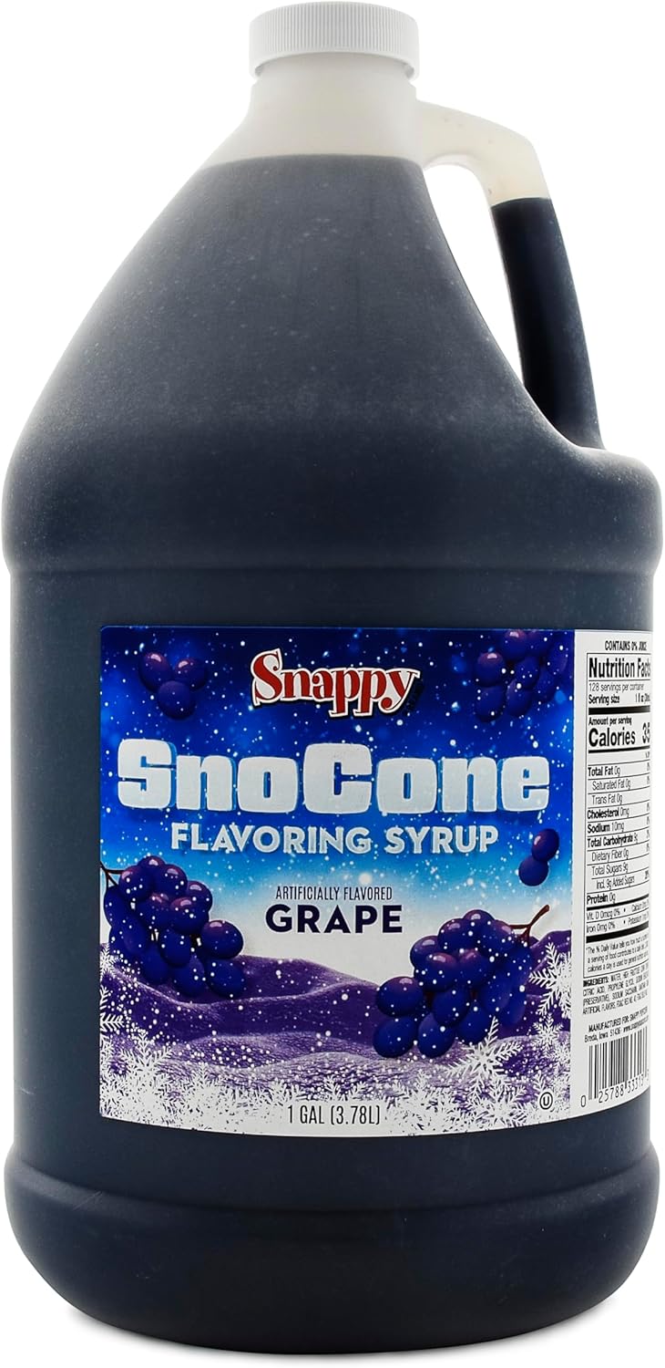 Snappy Grape Sno Cone Syrup, 1 Gallon (128 ounces) Size, Ready to Use For Snow Cone Machines, Flavored Syrup for Shaved Ice, 14 Snow Cone Flavor Options