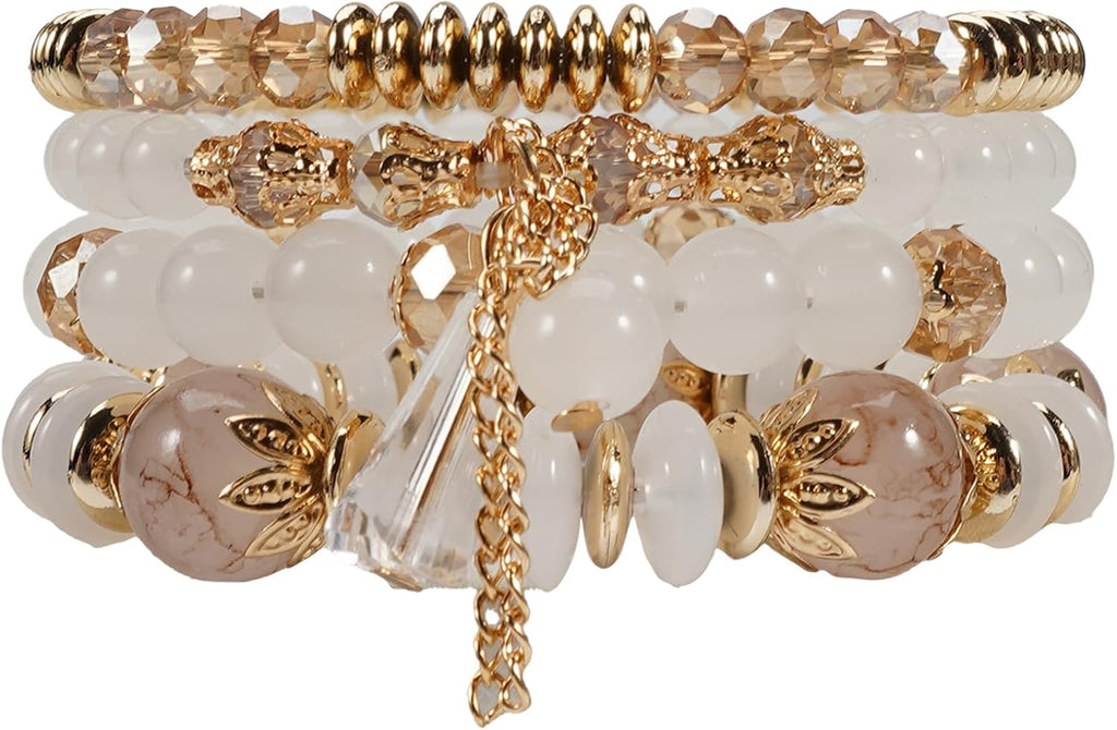Bohemian Bracelet Sets for Women - 4-Pack Stackable Stretch Bead Bracelets with Black＆White Crystal & Gold Accessories, Multi-Layer Boho Jewelry for Holiday Gift