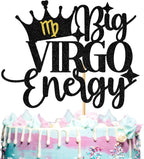 Aeryourtar Big Virgo Energy Cake Topper, Happy Birthday Cake Decor for Virgo Season, 12 Constellation Zodiac Theme Birthday Party Decorations Supplies, Black Glitter