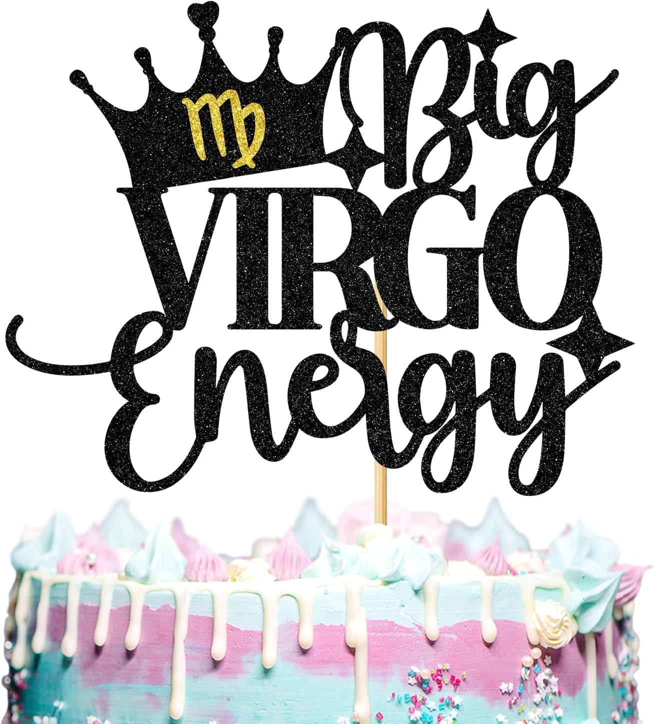 Aeryourtar Big Virgo Energy Cake Topper, Happy Birthday Cake Decor for Virgo Season, 12 Constellation Zodiac Theme Birthday Party Decorations Supplies, Black Glitter