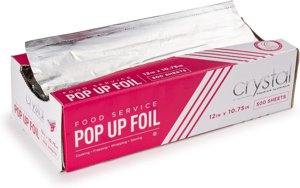 Crystal by crystalware Aluminum - Precut Foil Sheets - Pop Up Foil Sheets for Storing, Cooking Food - Premium Aluminum Foil Wraps - 12” x 10.75” - 500 Sheets, Silver