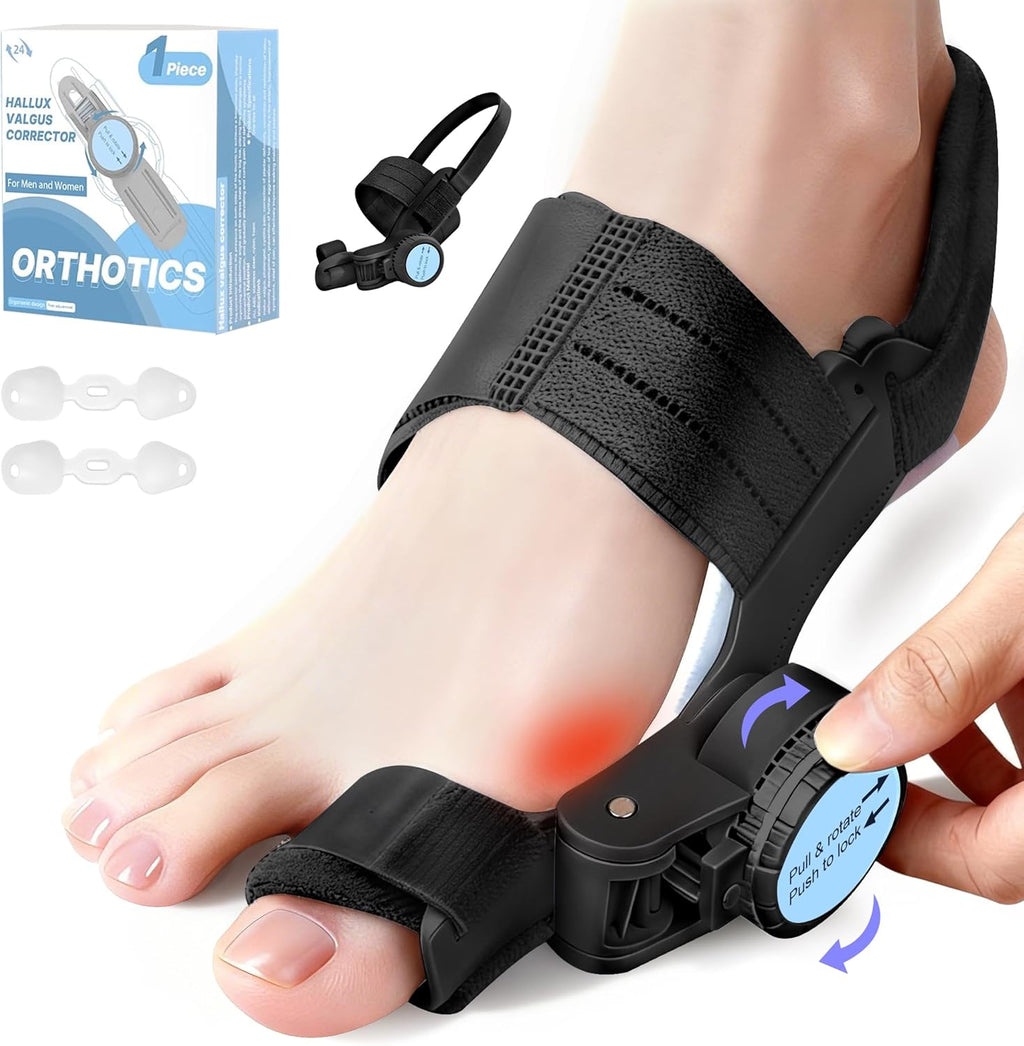 Bunion Corrector for Women & Men, Adjustable Knob Dual-Action Bunion Splint with Silicone Pad - Orthopedic Toe Straightener & Separator for Hallux Valgus Relief, Fits Left/Right Feet (Black)