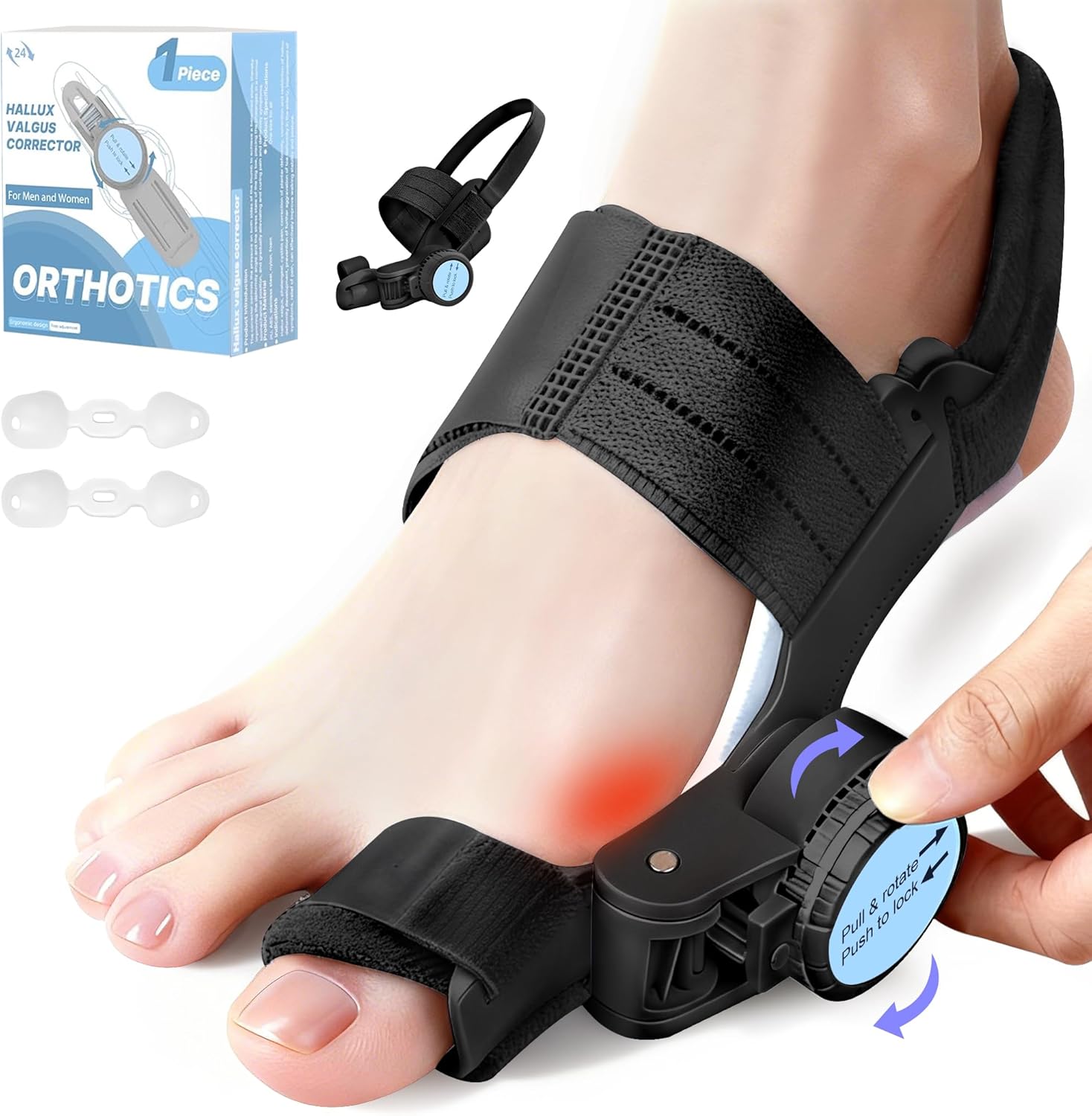 Bunion Corrector for Women & Men, Adjustable Knob Dual-Action Bunion Splint with Silicone Pad - Orthopedic Toe Straightener & Separator for Hallux Valgus Relief, Fits Left/Right Feet (Black)