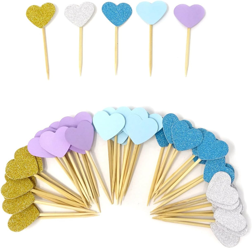 Honbay 50PCS Glitter Heart Cupcake Toppers Birthday Cake Decoration Food Picks Wedding Party Baby Shower Supplies - Blue Series