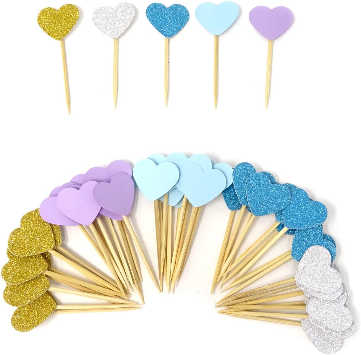 Honbay 50PCS Glitter Heart Cupcake Toppers Birthday Cake Decoration Food Picks Wedding Party Baby Shower Supplies - Blue Series