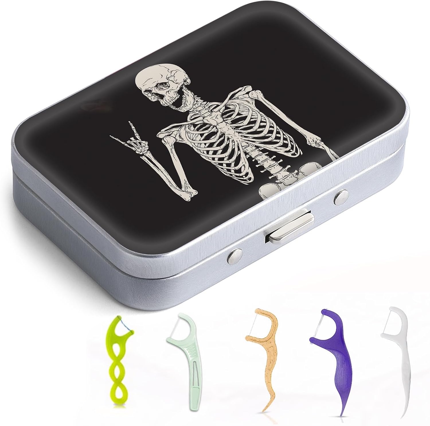 Dental Floss Portable Case, Easy to Store Floss Picks of Various Sizes, Portable Dental Floss Dispenser is Perfect for Travelling, Hotels, Dinners, Appointments.Human Skeleton