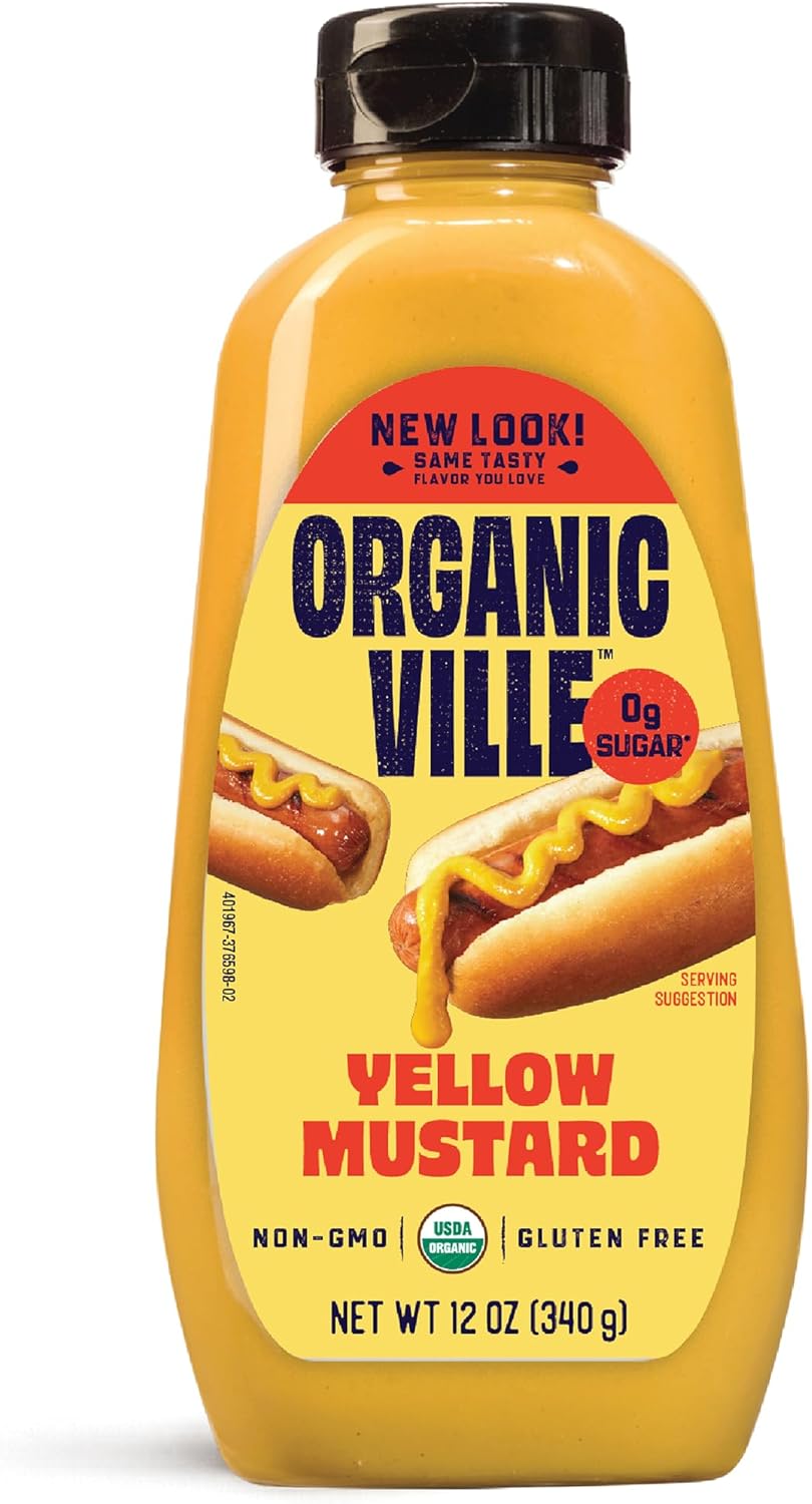 Organicville Yellow Mustard - Mustard Yellow Organic, Yellow Mustard, Vegan, Gluten Free, USDA Organic, Non-GMO, Paleo, Whole 30, Keto-Friendly Mustard - 12 Oz