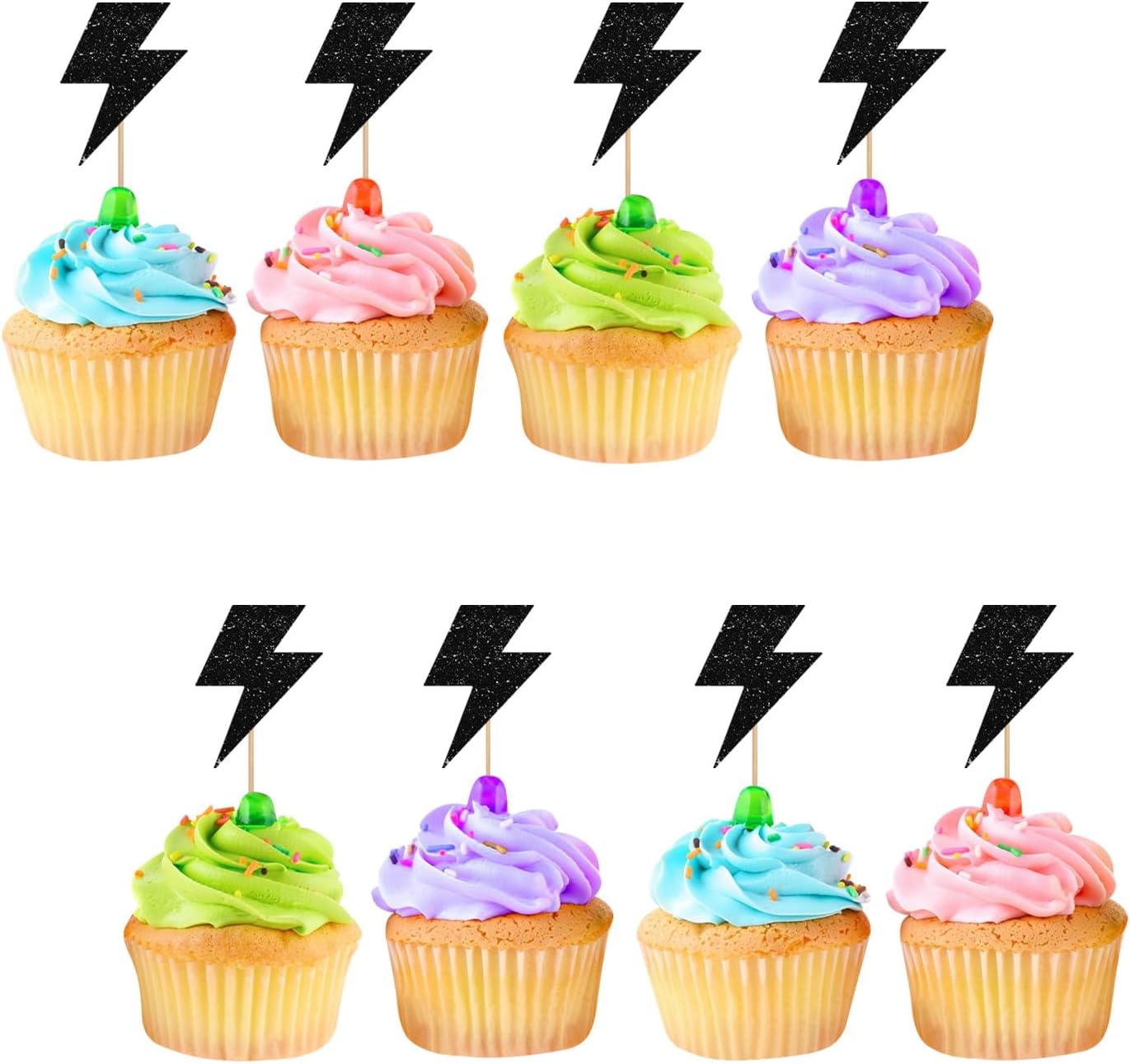 24pcs Lightning Cupcake Toppers, Lightning Bolt Cupcake Toppers, Black Glitter Weather Cake Decoration for Baby Shower, Lightning Weather Themed Birthday Party Supplies