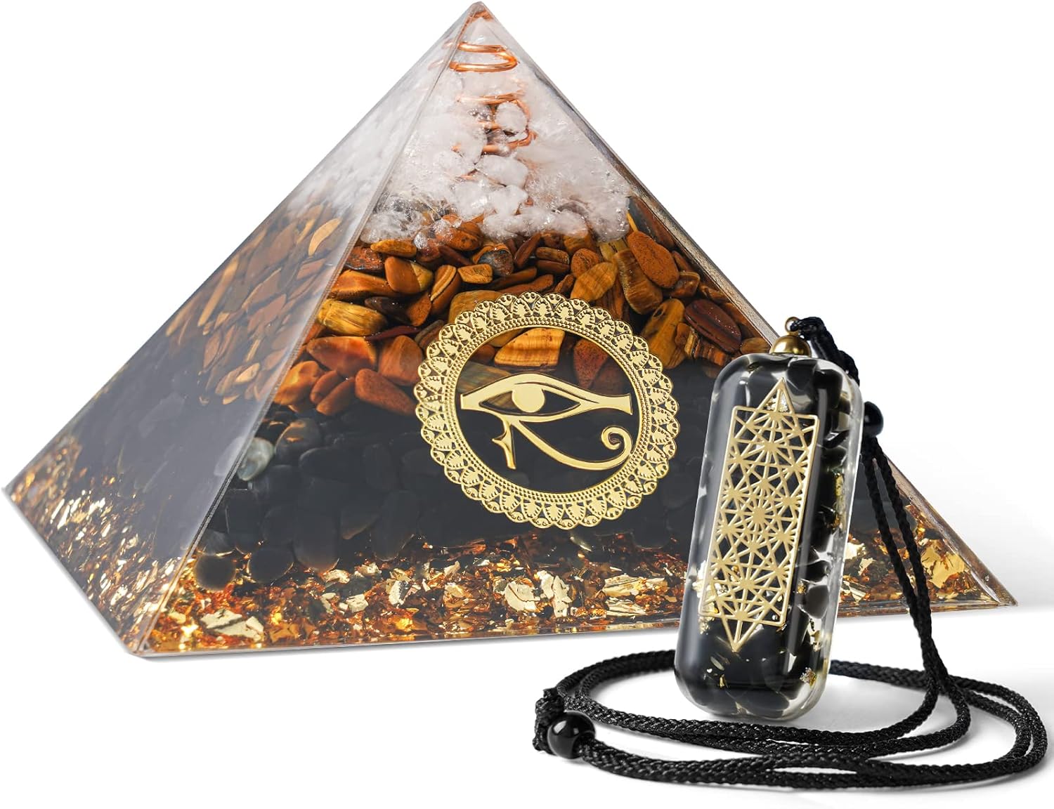 3.8" Large Orgone Pyramid, Chakra Pyramid Natural Quartz Positive Energy Generator with Orgone Pendant for Chakra Balance, Reiki Meditaion