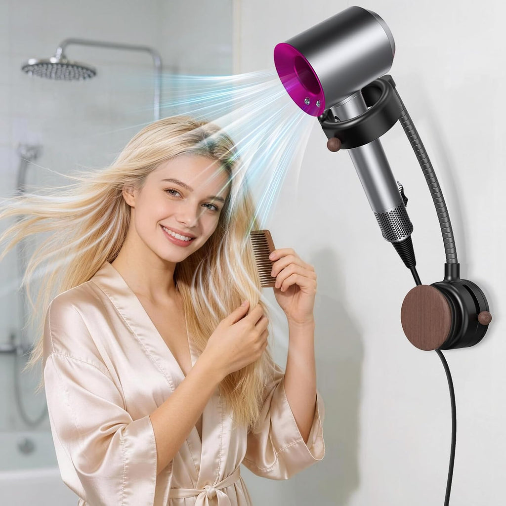 SEANCHEER Hands Free Hair Dryer Holder Wall Mount, 360° Rotating Adjustable Height Suction Cup Blow Dryer Holder, No Drill Installation, Damage-Free Wall, with Cord Storage for Most Hair Dryers