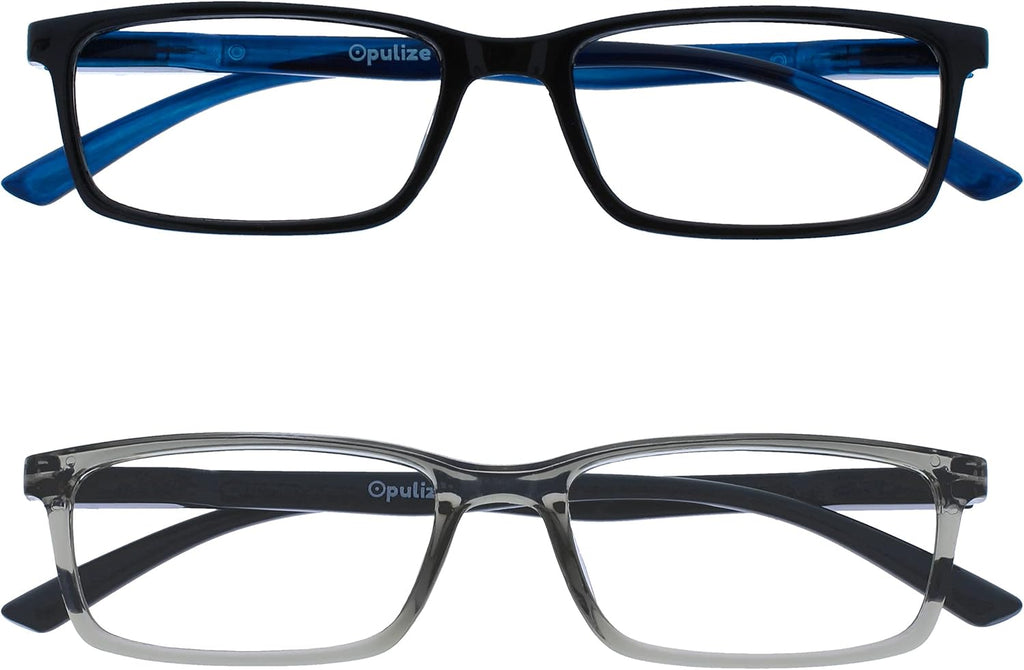 OPULIZE SEE Reading Glasses with Blue Light Blocking for Women and Men, Narrow Frame, Spring Hinges, Computer Gaming Glasses, Black,Grey +1 (Pack of 2)