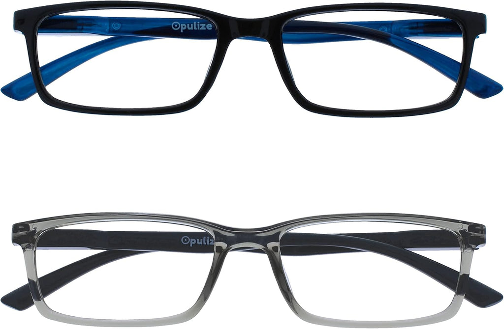 OPULIZE SEE Reading Glasses with Blue Light Blocking for Women and Men, Narrow Frame, Spring Hinges, Computer Gaming Glasses, Black,Grey +3 (Pack of 2)
