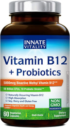 Innate Vitality Vitamin B12 & Probiotics, Bioactive, Naturally Occurring Methyl B12 5000 MCG, 50 Billion CFUs from 10 Probiotic Strains, for Gut, Immune & Energy, 60 Vegetarian Capsules