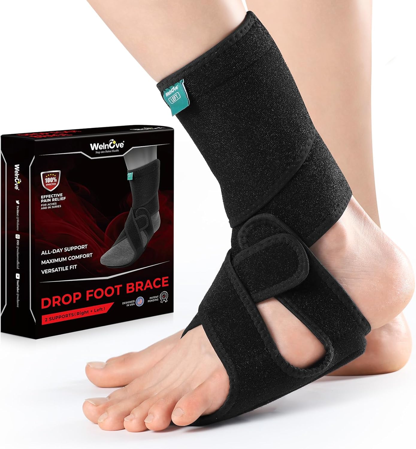 Welnove 2 Pack Drop Foot Brace with Arch Support，AFO Ankle Brace for Walking ，Relieve the Instability of Lower Limbs by Foot Drop, MS, Spinal Cord Injury (Include Left and Right, FSA HSA Eligible)
