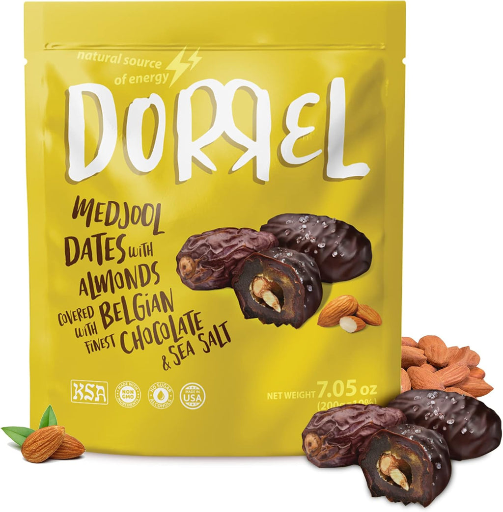 DORREL - Belgian Dark Chocolate Covered Dates (Medjool) with Salted Almonds Stuffing, High Energy Vegan Choco Snack, Delicious, Kosher & Non-GMO, Pack of 1 Stuffed Chocolate Dates, 7.05 oz / 200 g Ea