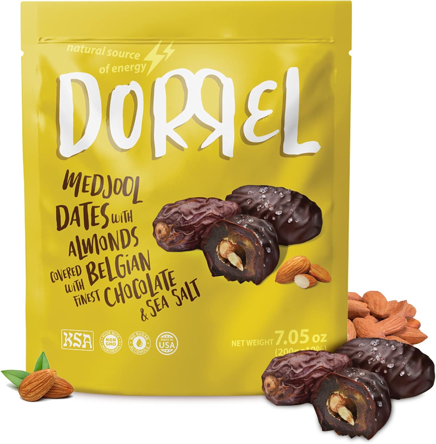 DORREL - Belgian Dark Chocolate Covered Dates (Medjool) with Salted Almonds Stuffing, High Energy Vegan Choco Snack, Delicious, Kosher & Non-GMO, Pack of 1 Stuffed Chocolate Dates, 7.05 oz / 200 g Ea