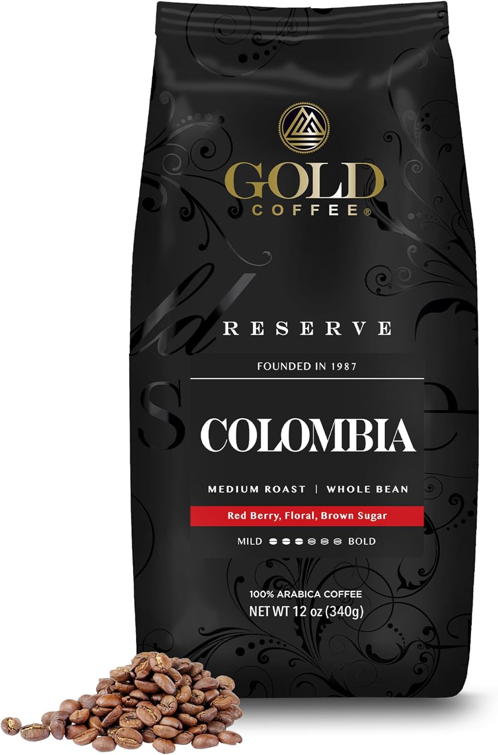 Gold Coffee Co. Premium Colombia Huila, Medium Roast - Whole Bean 100% Colombian Coffee - Notes of Caramel, Brown Sugar, Green Apple, 12 Oz