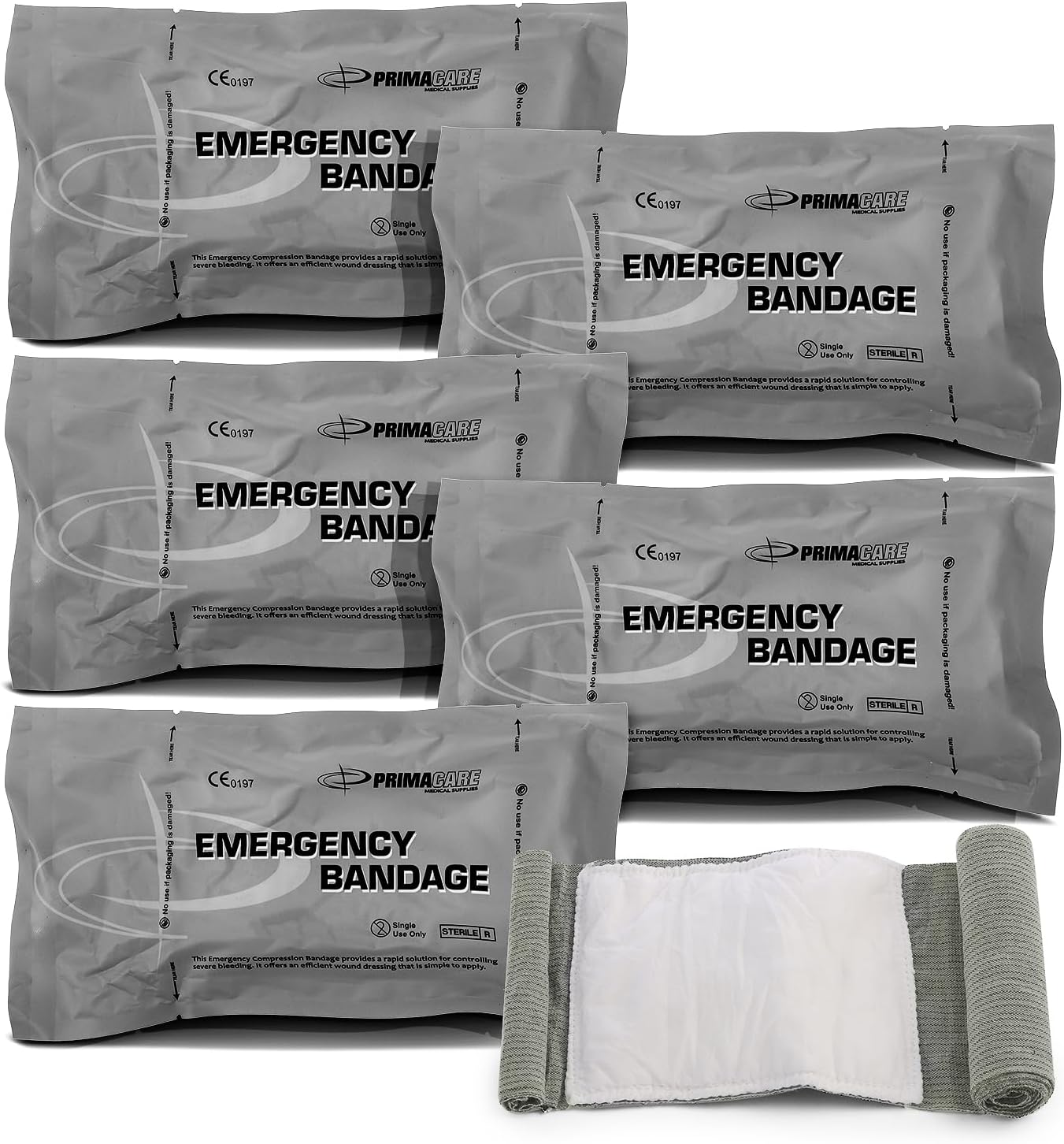 Primacare WB-7706 5-Pack Israeli Bandages – 6" Emergency Trauma Wound Dressing, Vacuum-Sealed, Sterile, Bleeding Control for First Aid, Tactical, Military, EMT & Survival Kits