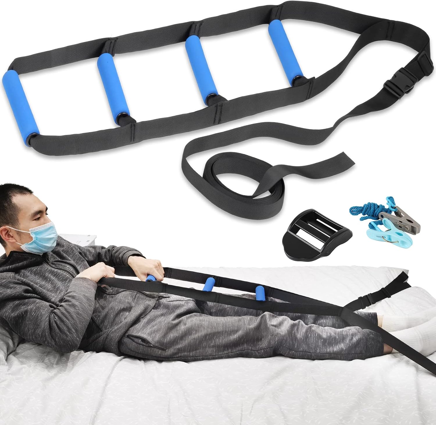 Bed Ladder Assist,Pull up Helper and Sit up Helper 4 Handle Grips,Bed Rail Assistance Devices Adjustable Length Bed Lift for Most Beds Mobility Aid for Elderly, Handicapped,Injured (160 INCHES)