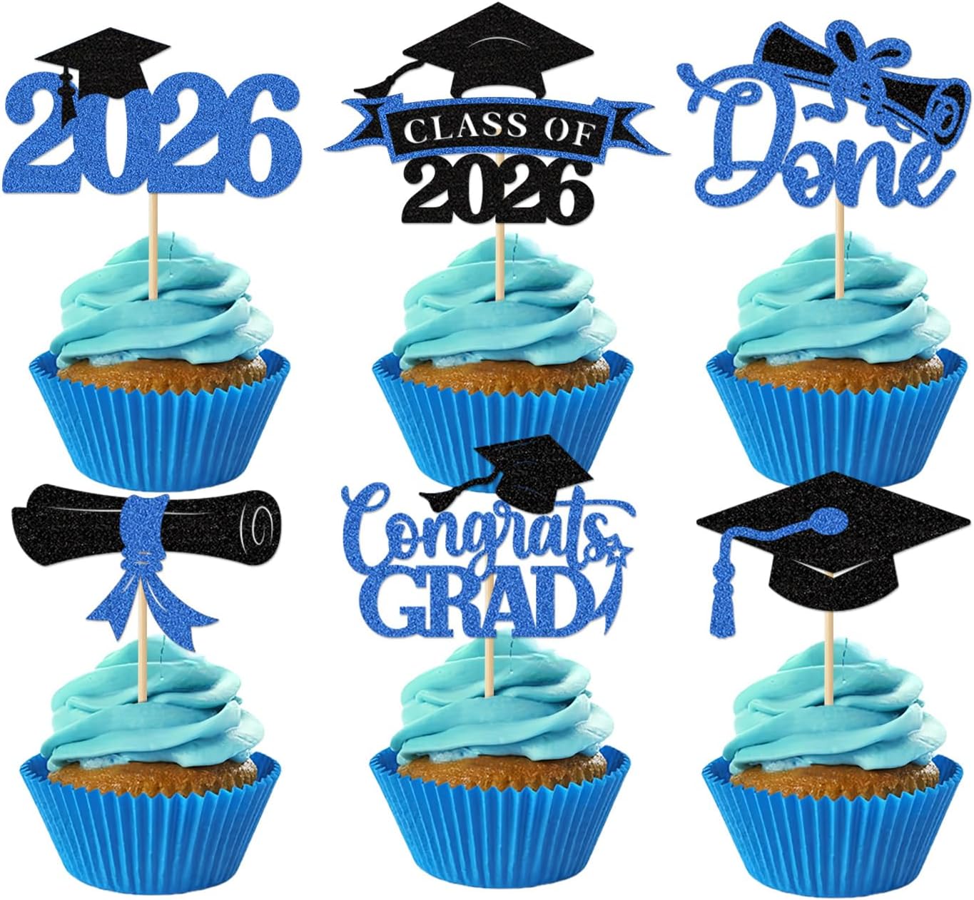 2026 Graduation Cupcake Toppers, 36 pack Blue Glitter Class of 2026 Congrats Grad Diploma Grad Cap Cupcake Picks for 2026 Graduation Party decorating Supplies