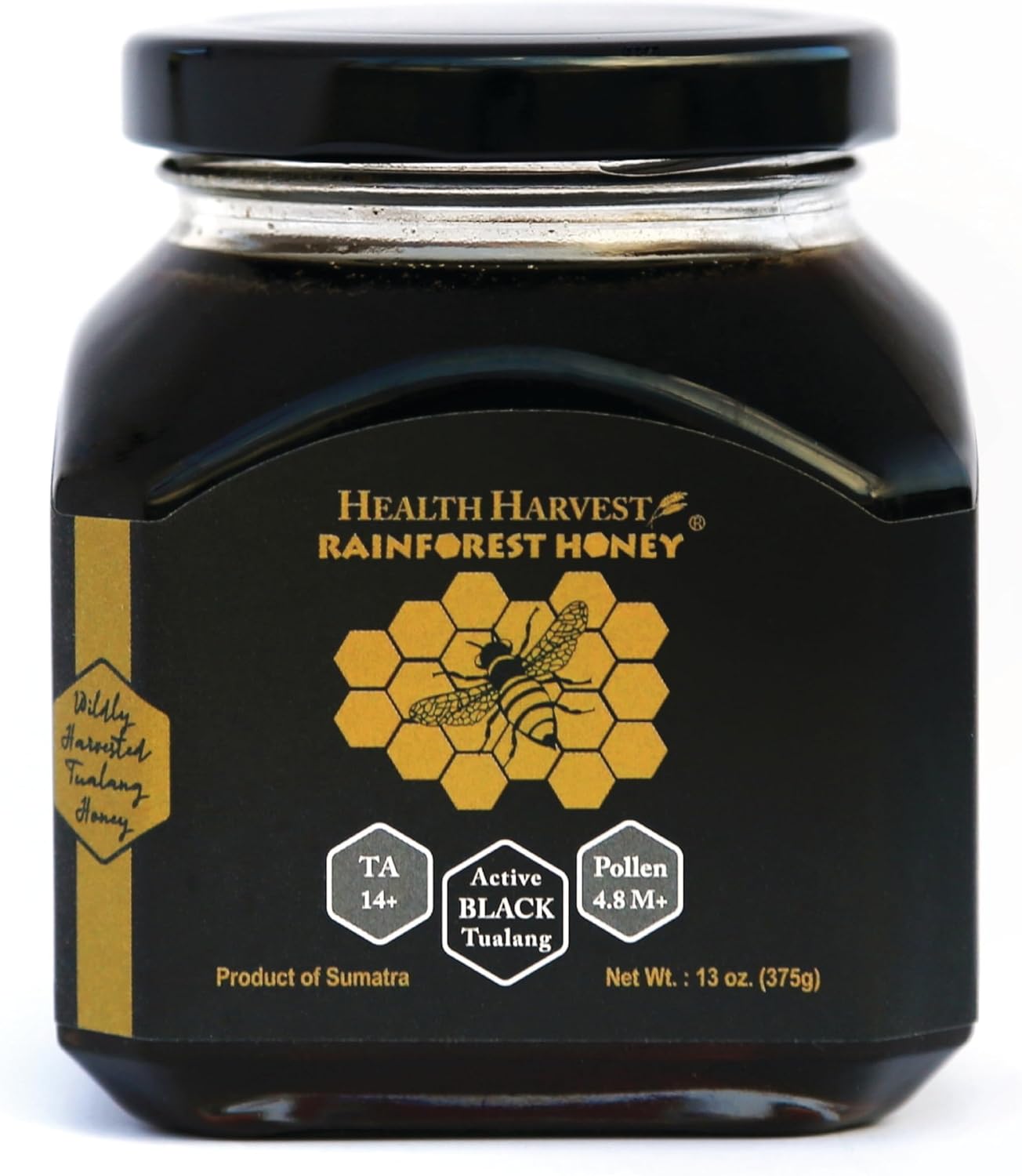 Premium Tualang Black Honey 13oz (TA 14+, Pollen Count 4.8M+, Pollen Variety 150+) Intense Choice for Men Preservation, Wild-ripening on 250ft Treetop, Raw, Unpasteurised, Unfiltered