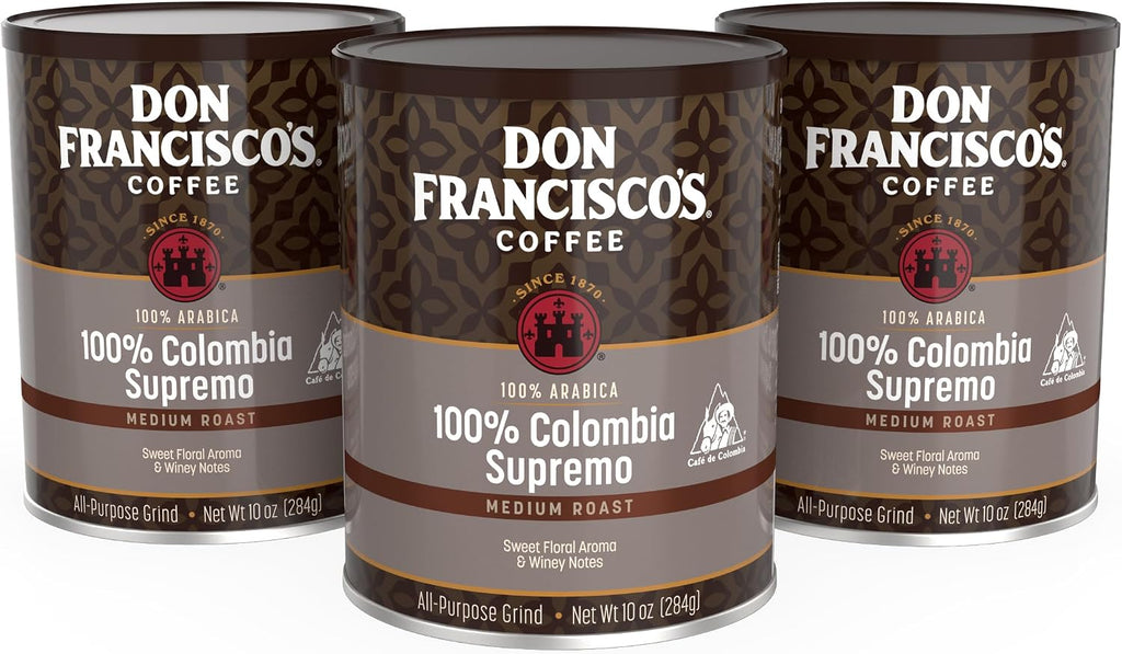 Don Francisco's 100% Colombia Supremo Ground Coffee: Rich, Aromatic 100% Arabica Beans - (3 x 10 oz Recyclable Cans)