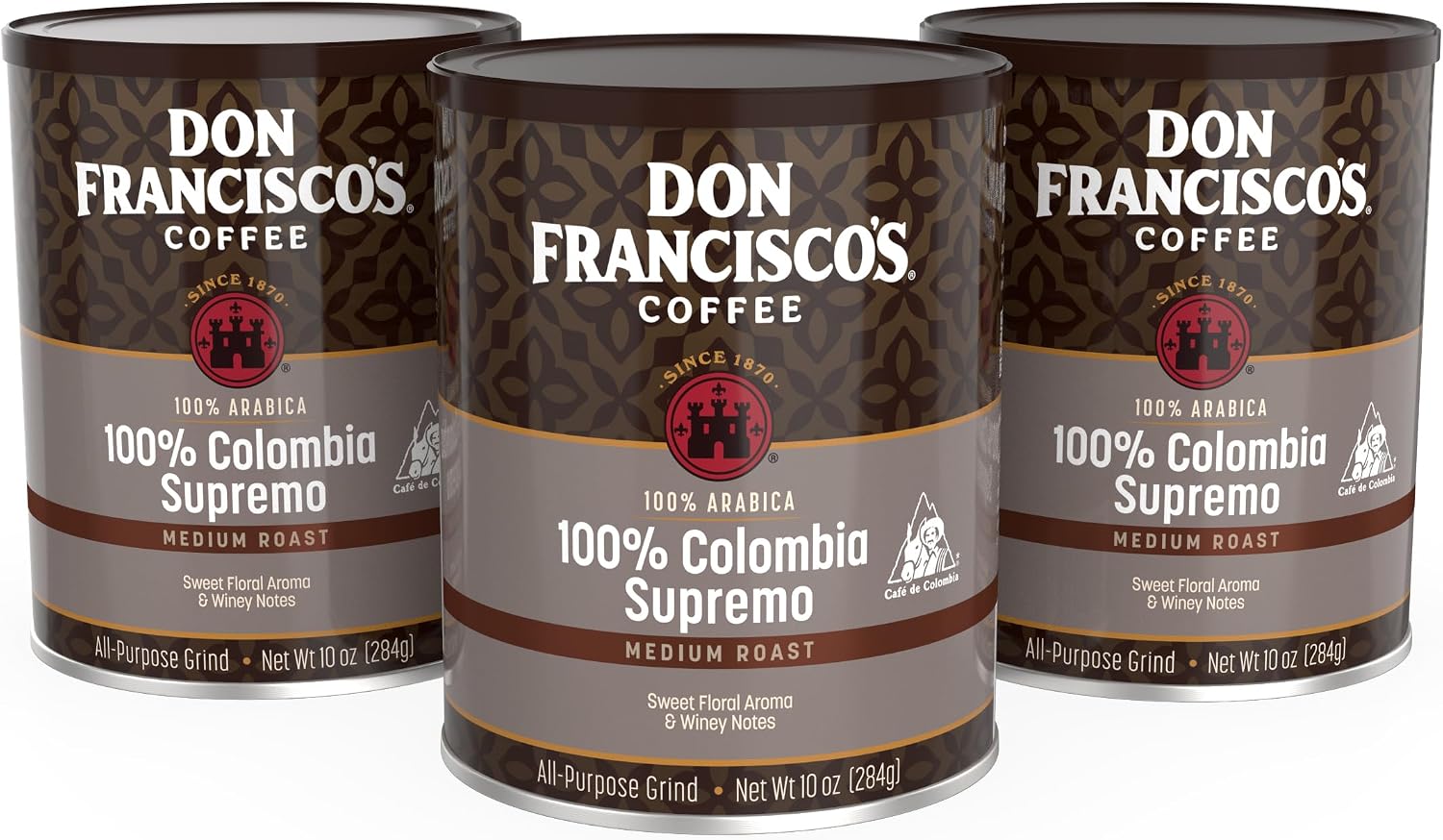Don Francisco's 100% Colombia Supremo Ground Coffee: Rich, Aromatic 100% Arabica Beans - (3 x 10 oz Recyclable Cans)