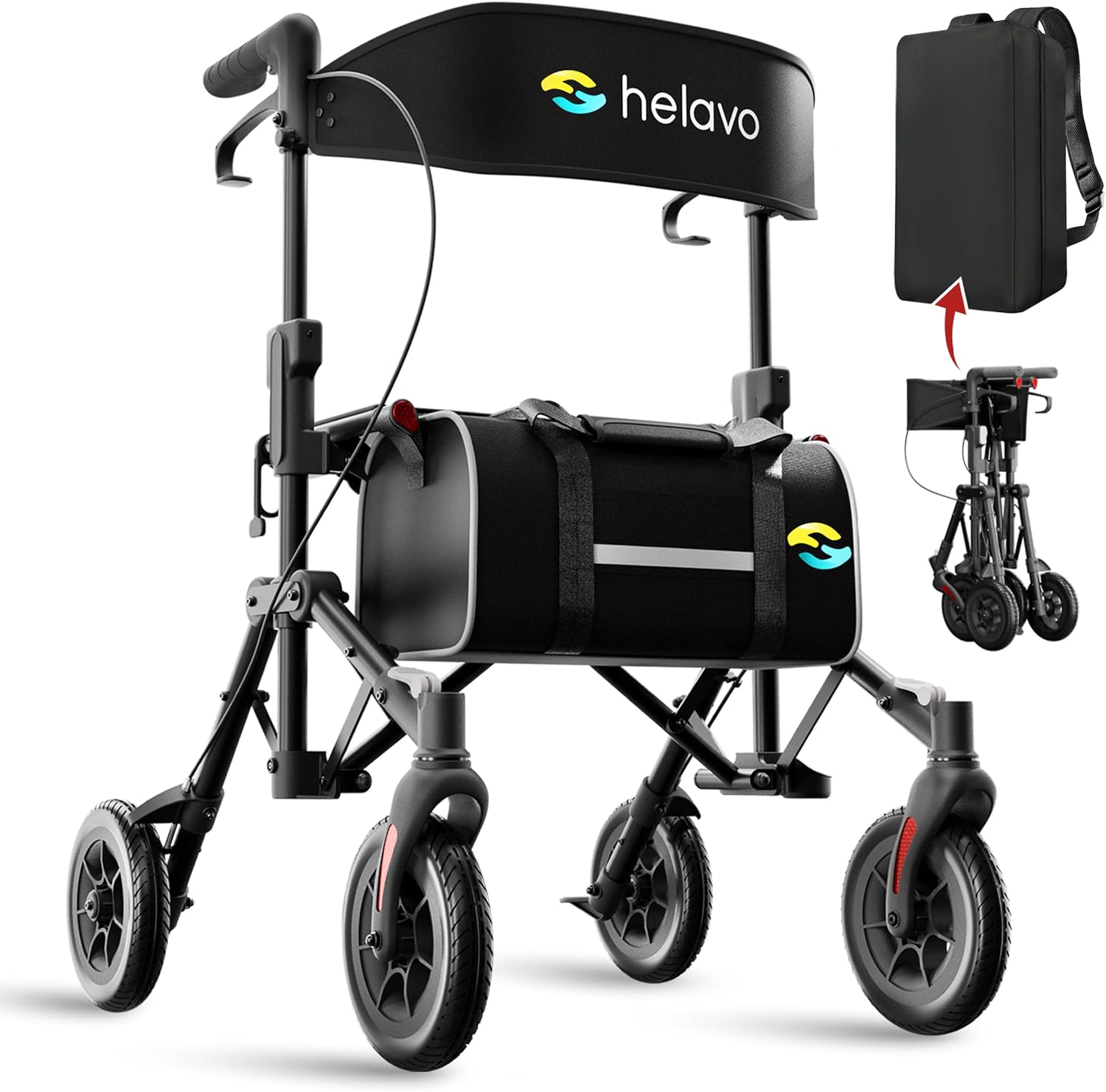 Helavo Ultra-Compact Walker for Seniors with Seat, Fully Assembled Double Folding Rollator, Travel Walker with 8" Rubber Wheels and Height Adjustable Handles