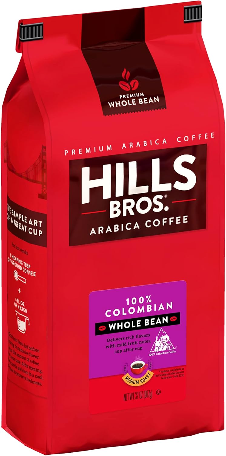 Hills Bros. Colombian Whole Bean Coffee – Rich and Bold Premium Arabica Coffee Beans – Orthodox Union Kosher – Medium Roast, Fresh Grind for Best Aroma & Taste – Colombian, 1 Pack of 32oz