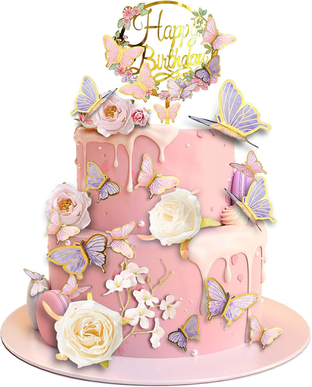 29 PCS Flower Cake Toppers Butterfly Cake Decorations Happy Birthday Cake Toppers with Artificial Pink and Purple Flowers Pea Blossoms Butterflies for Women Birthday Wedding Party Supplies